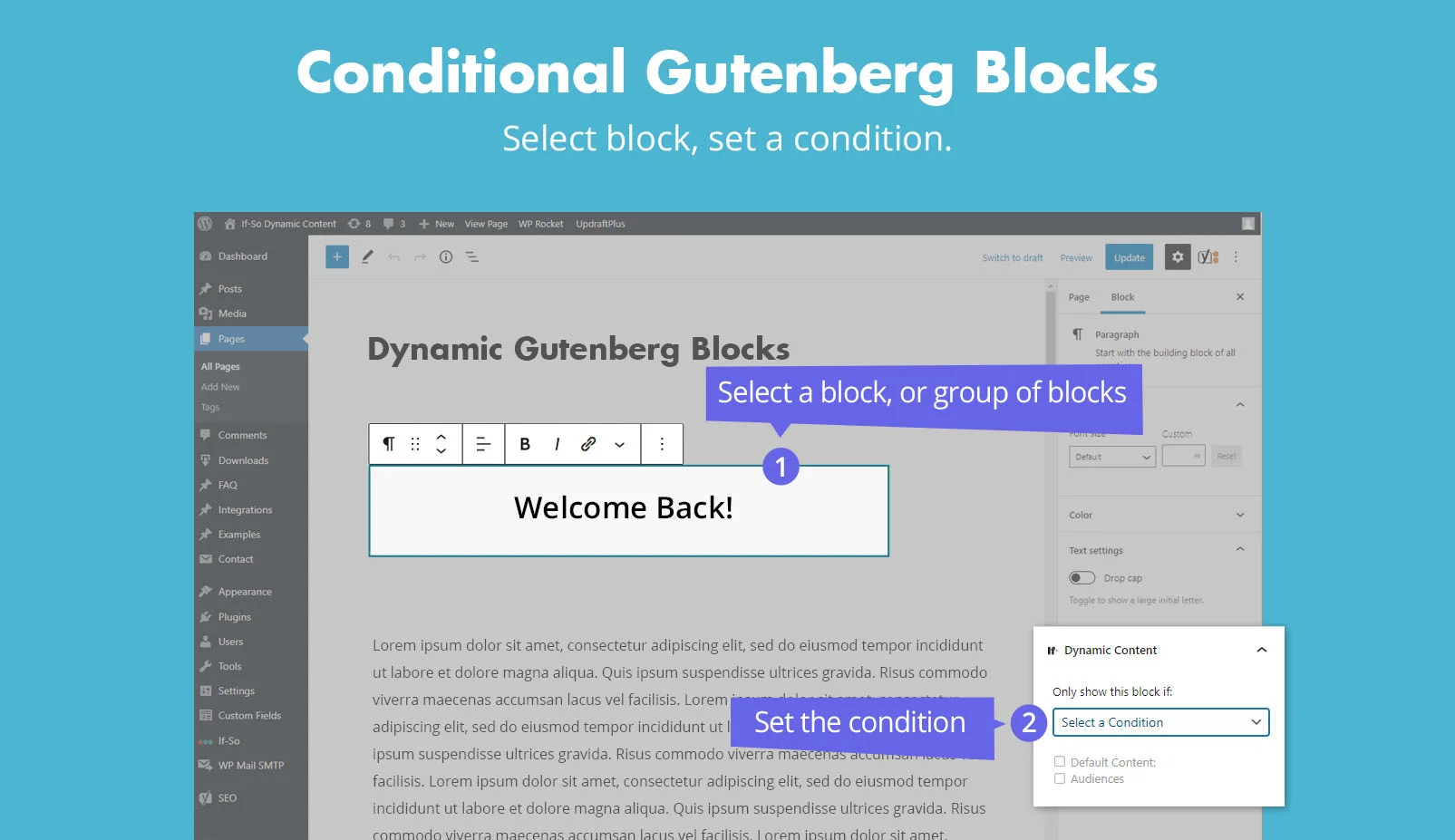 Ejemplo de uso del plugin If-So Dynamic Content en el editor Gutenberg de WordPress